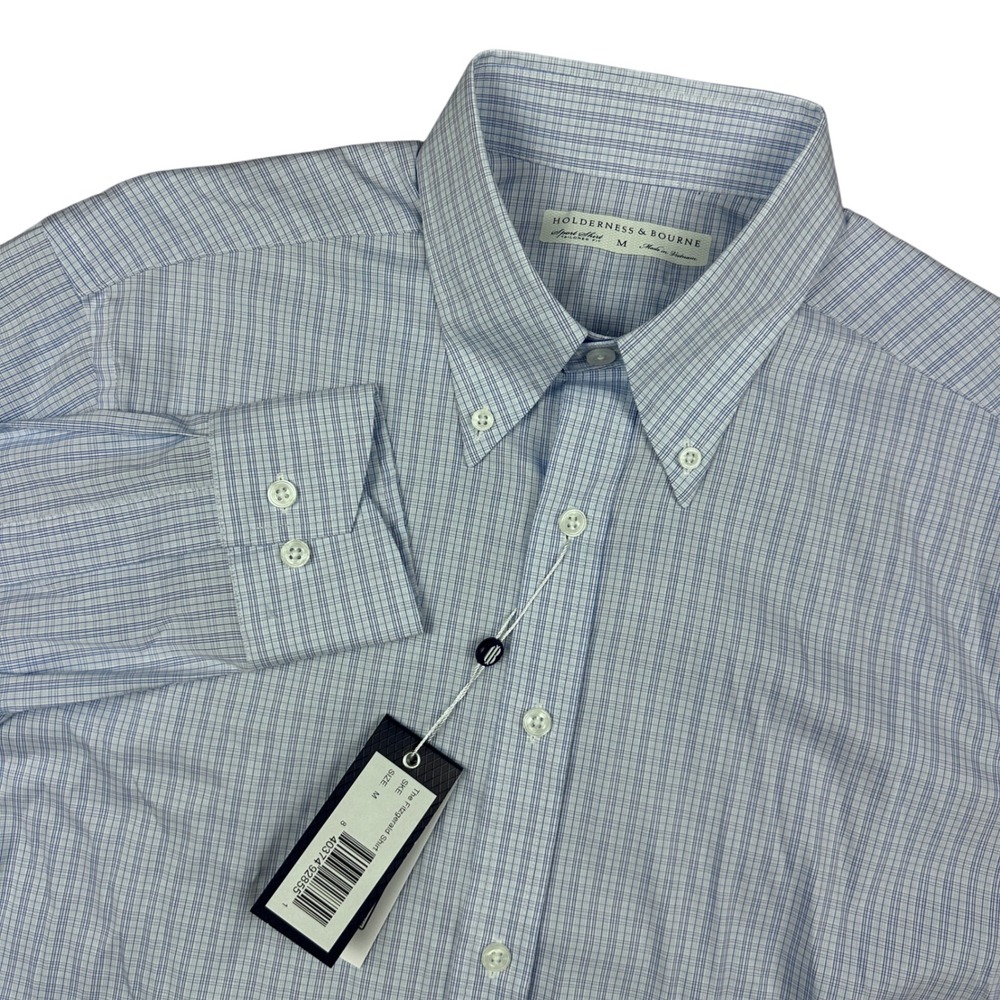 NEW Holderness & Bourne Fitzgerald Sport Shirt Blue Micro Check Tailored Fit M
